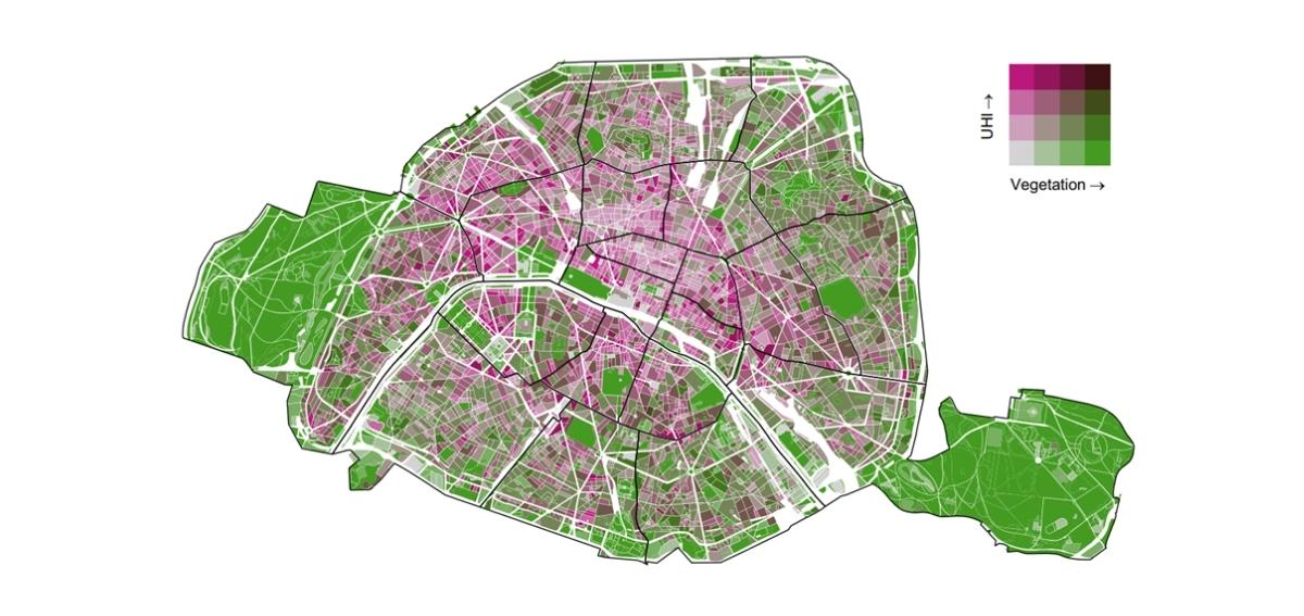 Map showing the geographical relationship between vegetation cover and the potential for the development of a daytime urban heat island (UHI) in Paris.