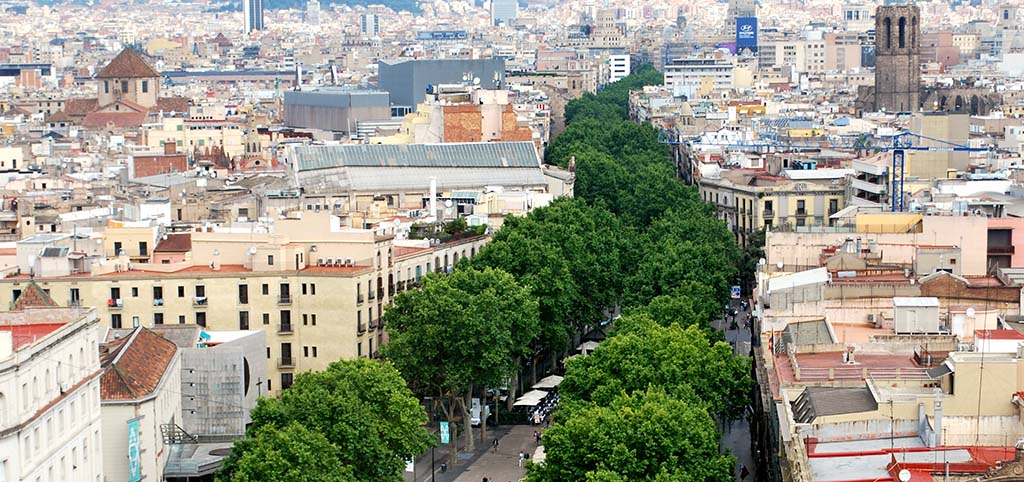 Aerial view of La Rambla of Barcelona